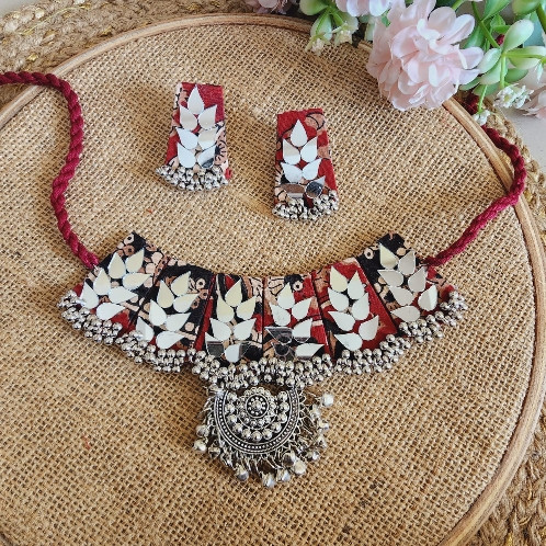 Chandbali Ajarak Fabric Mirror  Choker With ith Earrings arrings