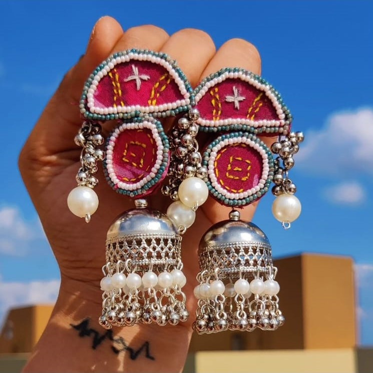 Silver and Red Circular Drop Fabric Earrings