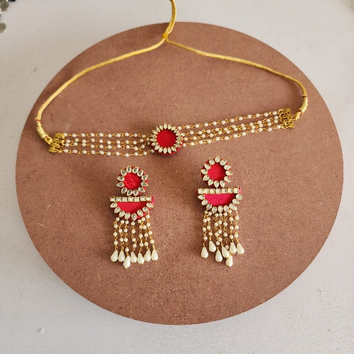 Gajji Silk Fabric Round Ganthan Mala Choker With Earrings