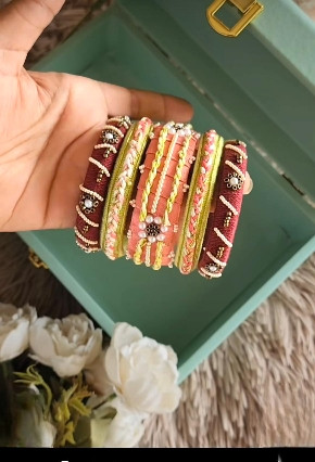 Fabric + thread  Beaded work bangles set of 5pc