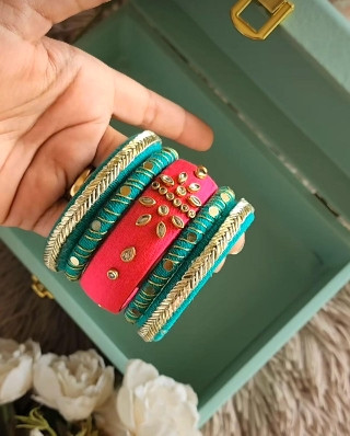 Fabric+thread Handmade Kundan lace work bangles set of 5pc