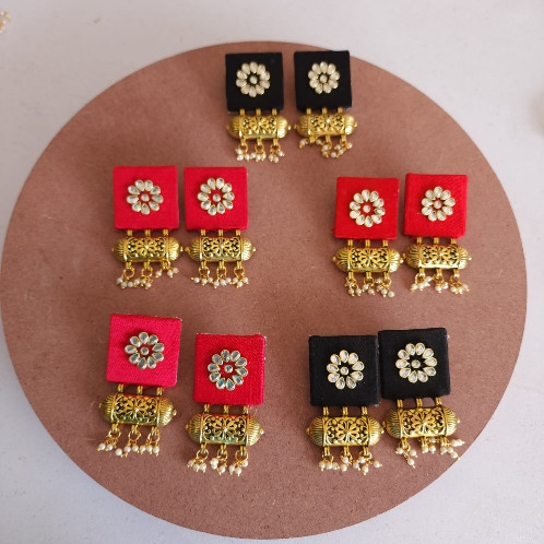 Gajji Silk Fabric Kundan Earrings